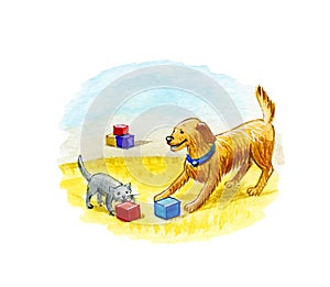 A dog with a kitten playing on the carpet. Watercolor illustration.