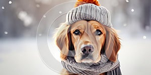 Dog in a knitted scarf and hat on a winter snowy background