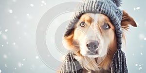 Dog in a knitted scarf and hat on a winter snowy background with copy space.