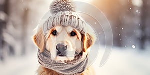 Dog in a knitted scarf and hat on a winter snowy background with copy space.