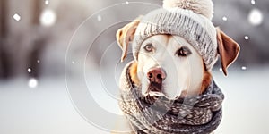 Dog in a knitted scarf and hat on a winter snowy background with copy space.