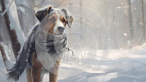 a dog with a knitted scarf tied around the neck in a blizzard in the forest