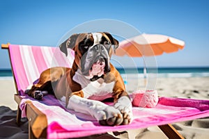 Dog Laid-Back Boxer: Unwinding on Vacation on the beach. Generative AI