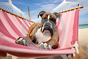 Dog Laid-Back Boxer: Unwinding on Vacation on the beach. Generative AI