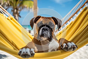 Dog Laid-Back Boxer: Unwinding on Vacation on the beach. Generative AI