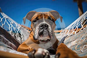 Dog Laid-Back Boxer: Unwinding on Vacation on the beach. Generative AI