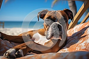 Dog Laid-Back Boxer: Unwinding on Vacation on the beach. Generative AI