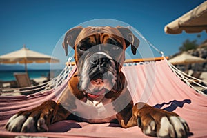 Dog Laid-Back Boxer: Unwinding on Vacation on the beach. Generative AI