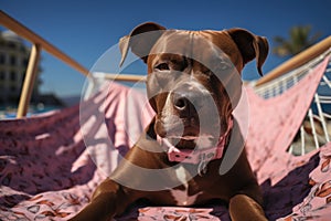 Dog Laid-Back Boxer: Unwinding on Vacation on the beach. Generative AI