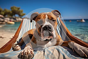 Dog Laid-Back Boxer: Unwinding on Vacation on the beach. Generative AI