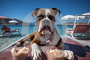 Dog Laid-Back Boxer: Unwinding on Vacation on the beach. Generative AI