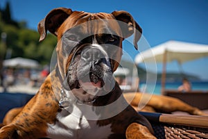 Dog Laid-Back Boxer: Unwinding on Vacation on the beach. Generative AI