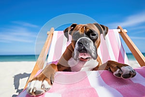 Dog Laid-Back Boxer: Unwinding on Vacation on the beach. Generative AI