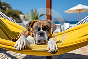 Dog Laid-Back Boxer: Unwinding on Vacation on the beach. Generative AI