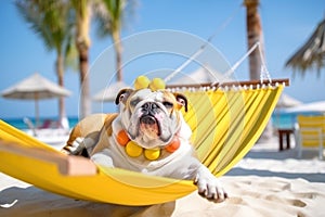 Dog Laid-Back Bulldog: Unwinding on Vacation on the beach. Generative AI