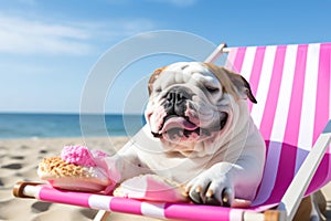 Dog Laid-Back Bulldog: Unwinding on Vacation on the beach. Generative AI