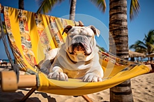 Dog Laid-Back Bulldog: Unwinding on Vacation on the beach. Generative AI