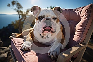 Dog Laid-Back Bulldog: Unwinding on Vacation on the beach. Generative AI