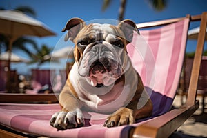 Dog Laid-Back Bulldog: Unwinding on Vacation on the beach. Generative AI