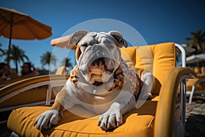 Dog Laid-Back Bulldog: Unwinding on Vacation on the beach. Generative AI