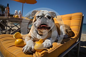 Dog Laid-Back Bulldog: Unwinding on Vacation on the beach. Generative AI