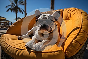 Dog Laid-Back Bulldog: Unwinding on Vacation on the beach. Generative AI