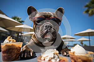 Dog Laid-Back Bulldog: Unwinding on Vacation on the beach. Generative AI