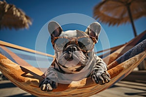 Dog Laid-Back Bulldog: Unwinding on Vacation on the beach. Generative AI