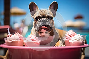 Dog Laid-Back Bulldog: Unwinding on Vacation on the beach. Generative AI