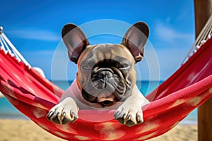 Dog Laid-Back Bulldog: Unwinding on Vacation on the beach. Generative AI