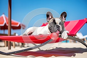 Dog Laid-Back Bulldog: Unwinding on Vacation on the beach. Generative AI