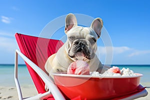 Dog Laid-Back Bulldog: Unwinding on Vacation on the beach. Generative AI