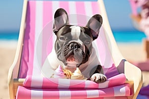 Dog Laid-Back Bulldog: Unwinding on Vacation on the beach. Generative AI