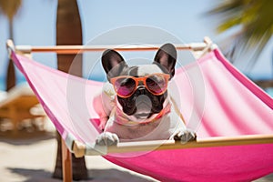 Dog Laid-Back Bulldog: Unwinding on Vacation on the beach. Generative AI