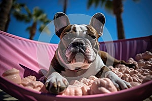 Dog Laid-Back Bulldog: Unwinding on Vacation on the beach. Generative AI