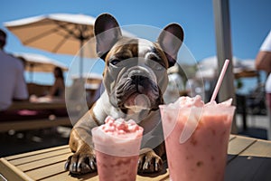 Dog Laid-Back Bulldog: Unwinding on Vacation on the beach. Generative AI