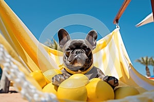 Dog Laid-Back Bulldog: Unwinding on Vacation on the beach. Generative AI