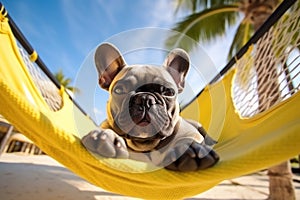 Dog Laid-Back Bulldog: Unwinding on Vacation on the beach. Generative AI