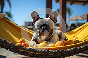 Dog Laid-Back Bulldog: Unwinding on Vacation on the beach. Generative AI