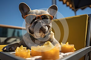 Dog Laid-Back Bulldog: Unwinding on Vacation on the beach. Generative AI