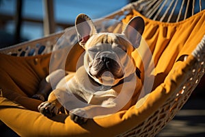 Dog Laid-Back Bulldog: Unwinding on Vacation on the beach. Generative AI