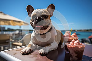 Dog Laid-Back Bulldog: Unwinding on Vacation on the beach. Generative AI