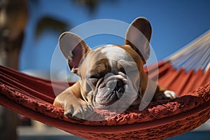 Dog Laid-Back Bulldog: Unwinding on Vacation on the beach. Generative AI