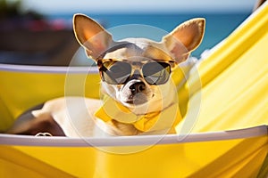 Dog Laid-Back Chihuahua Unwinding on Vacation on the beach. Generative AI