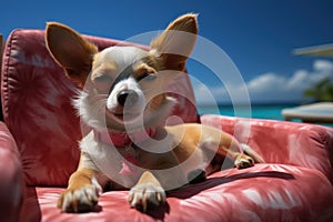 Dog Laid-Back Chihuahua Unwinding on Vacation on the beach. Generative AI