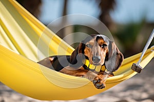 Dog Laid-Back Dachshund: Unwinding on Vacation on the beach. Generative AI