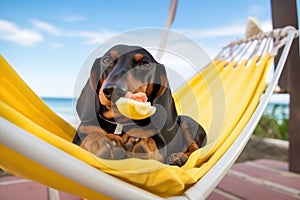 Dog Laid-Back Dachshund: Unwinding on Vacation on the beach. Generative AI