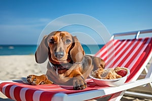 Dog Laid-Back Dachshund: Unwinding on Vacation on the beach. Generative AI