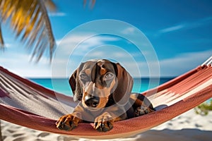 Dog Laid-Back Dachshund: Unwinding on Vacation on the beach. Generative AI