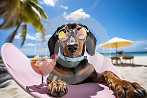 Dog Laid-Back Dachshund: Unwinding on Vacation on the beach. Generative AI